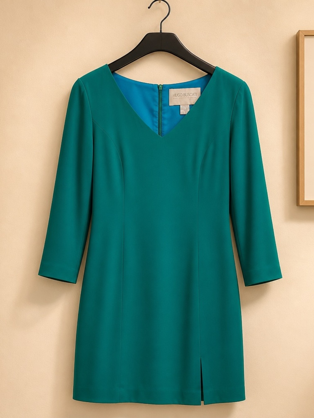 Hugo Buscati Teal V-Neck Long Sleeve Shift Dress